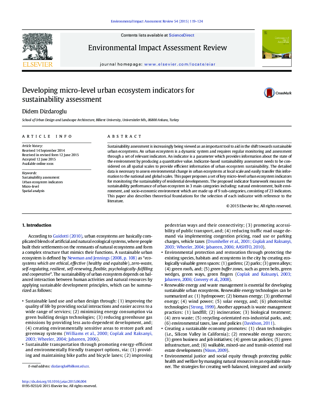 Developing micro-level urban ecosystem indicators for sustainability assessment