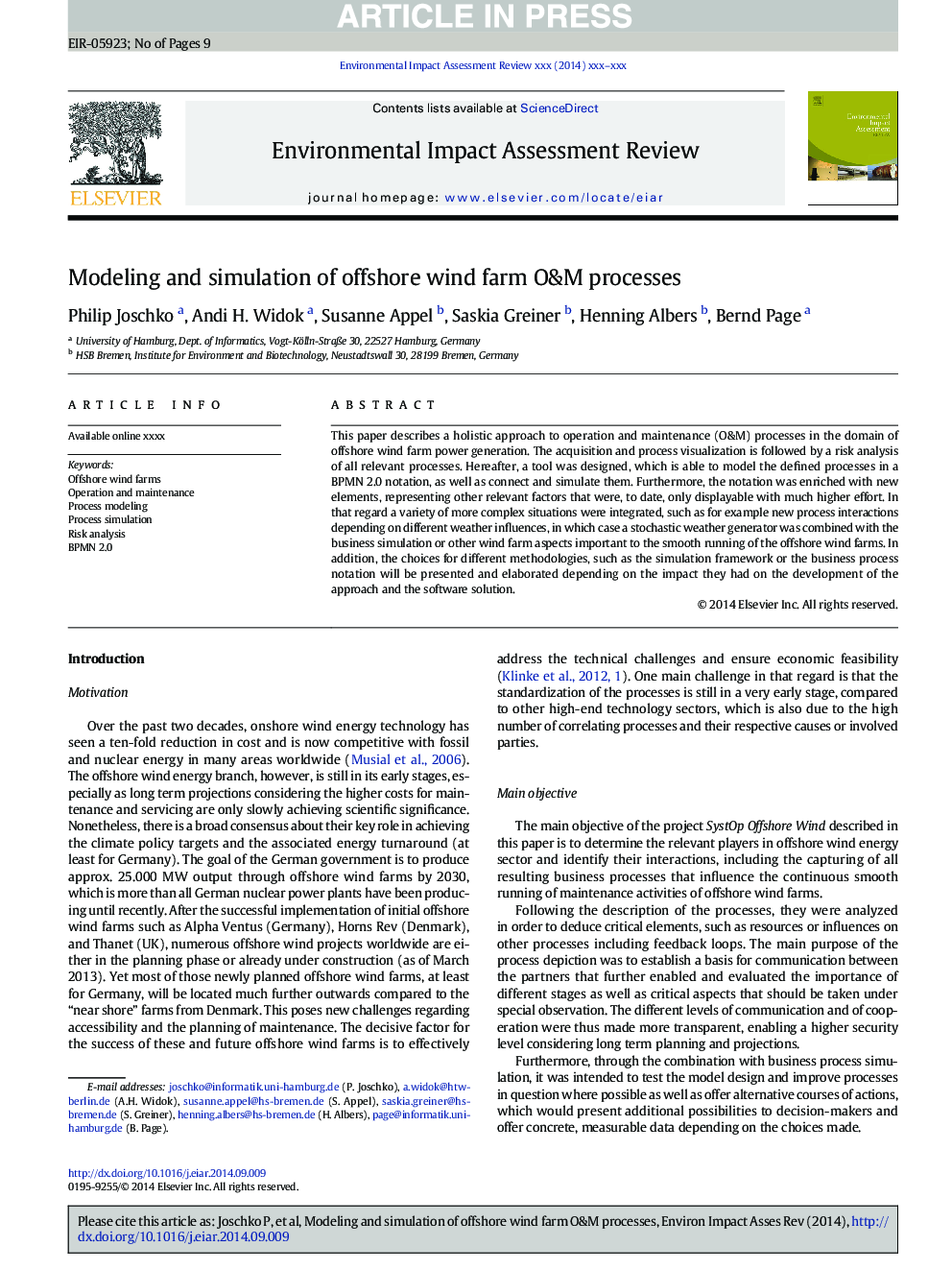 Modeling and simulation of offshore wind farm O&M processes