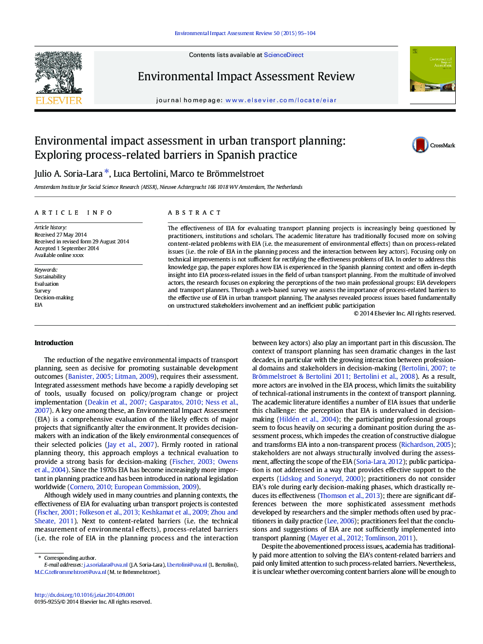 Environmental impact assessment in urban transport planning: Exploring process-related barriers in Spanish practice