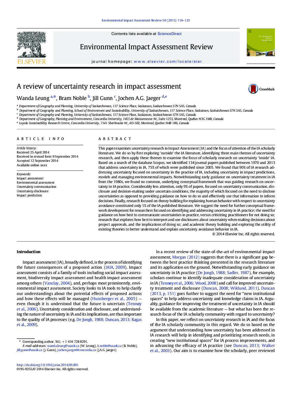 A review of uncertainty research in impact assessment