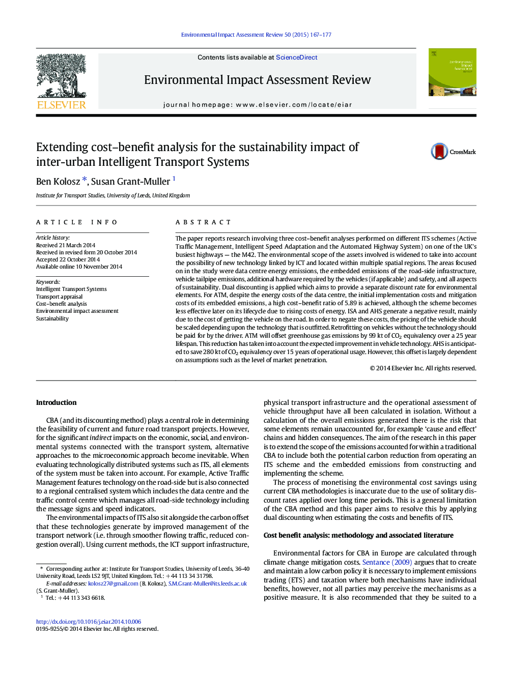 Extending cost-benefit analysis for the sustainability impact of inter-urban Intelligent Transport Systems