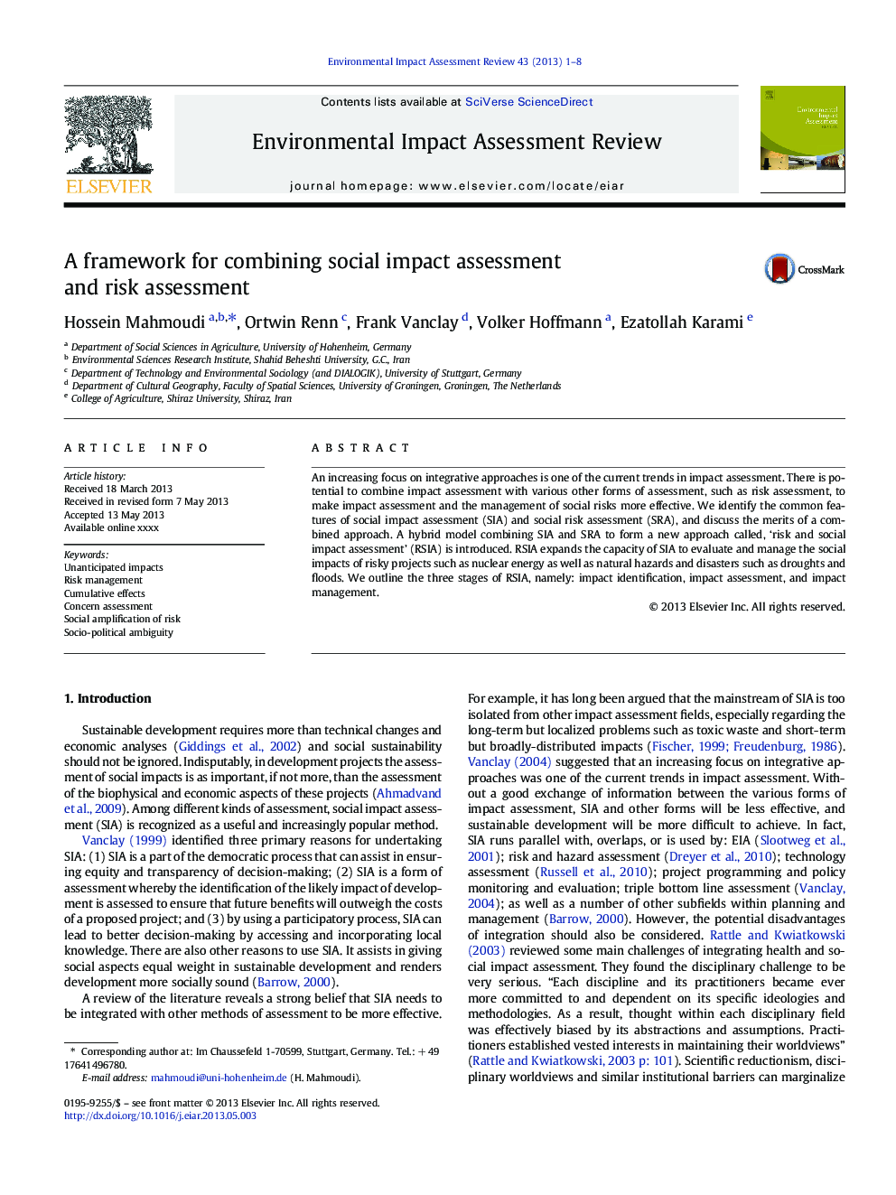 A framework for combining social impact assessment and risk assessment