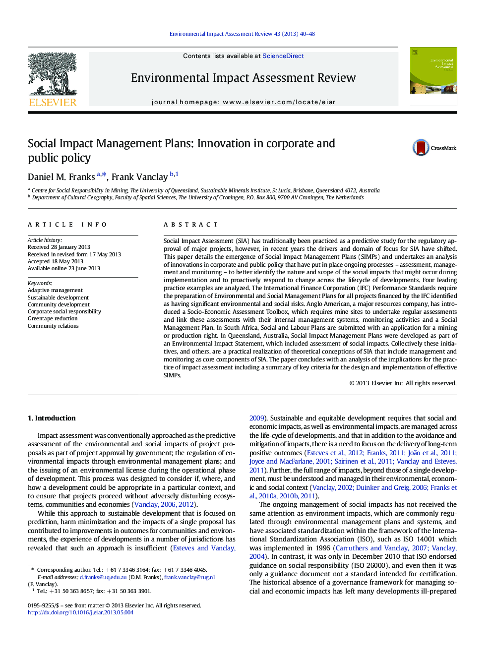 Social Impact Management Plans: Innovation in corporate and public policy