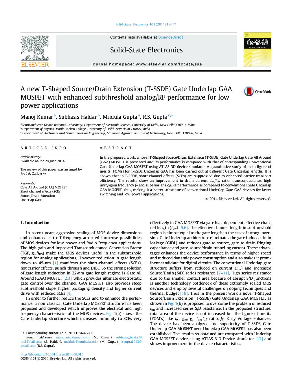 A new T-Shaped Source/Drain Extension (T-SSDE) Gate Underlap GAA MOSFET with enhanced subthreshold analog/RF performance for low power applications