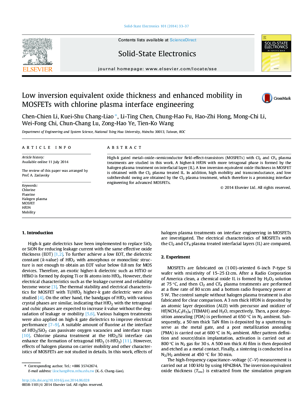 Low inversion equivalent oxide thickness and enhanced mobility in MOSFETs with chlorine plasma interface engineering