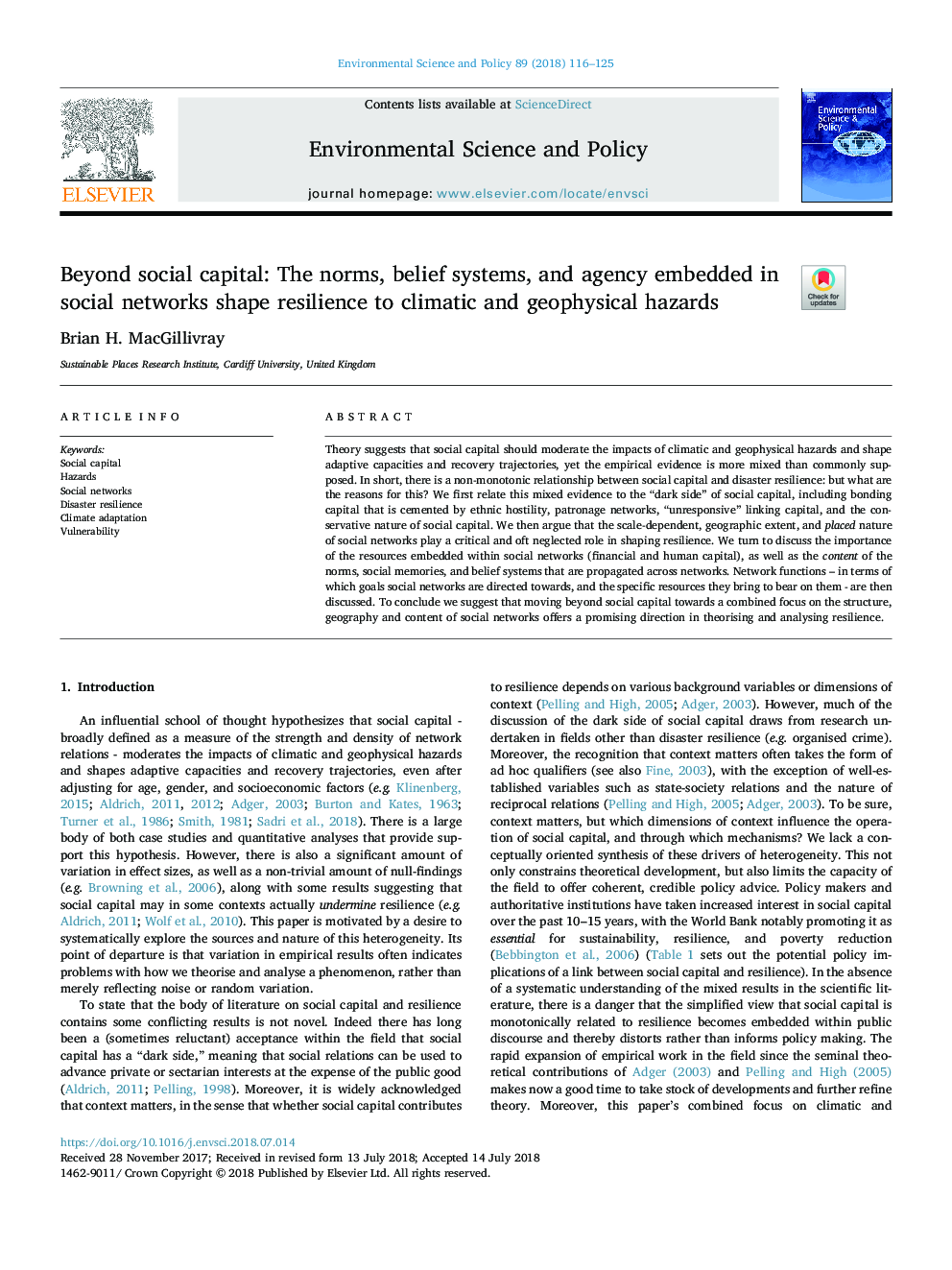 Beyond social capital: The norms, belief systems, and agency embedded in social networks shape resilience to climatic and geophysical hazards