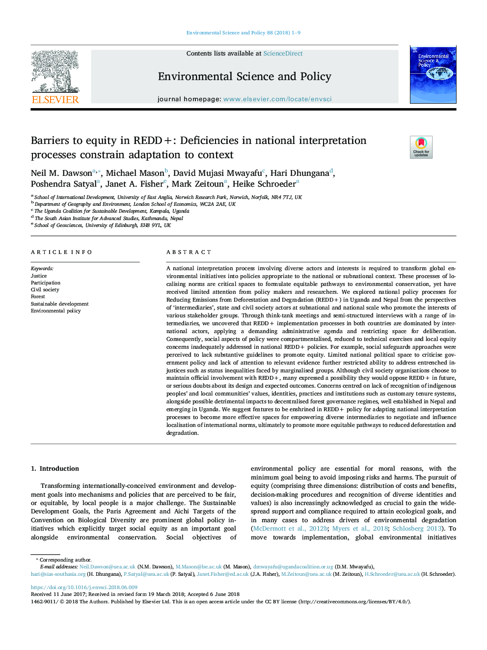 Barriers to equity in REDD+: Deficiencies in national interpretation processes constrain adaptation to context