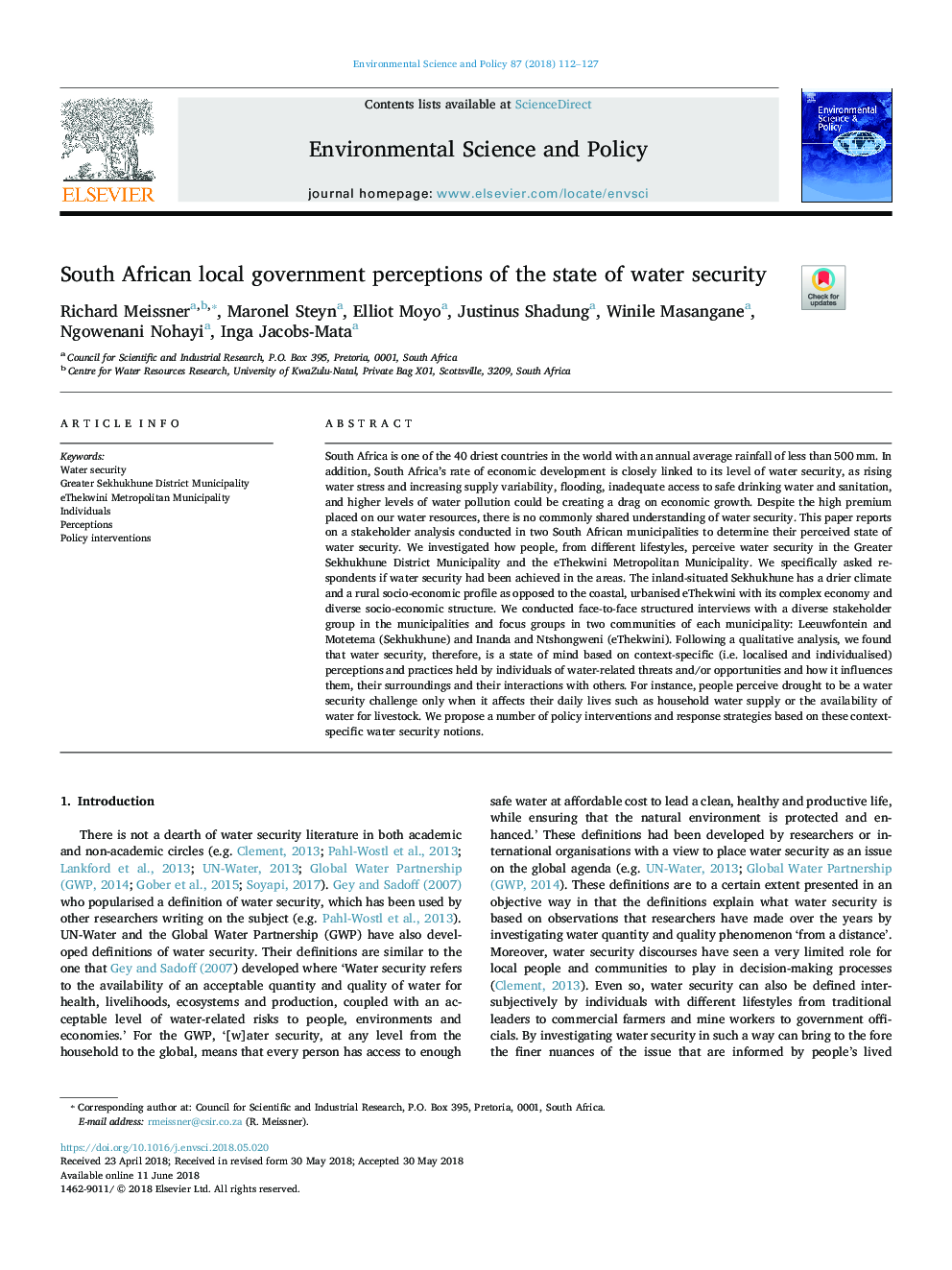 South African local government perceptions of the state of water security