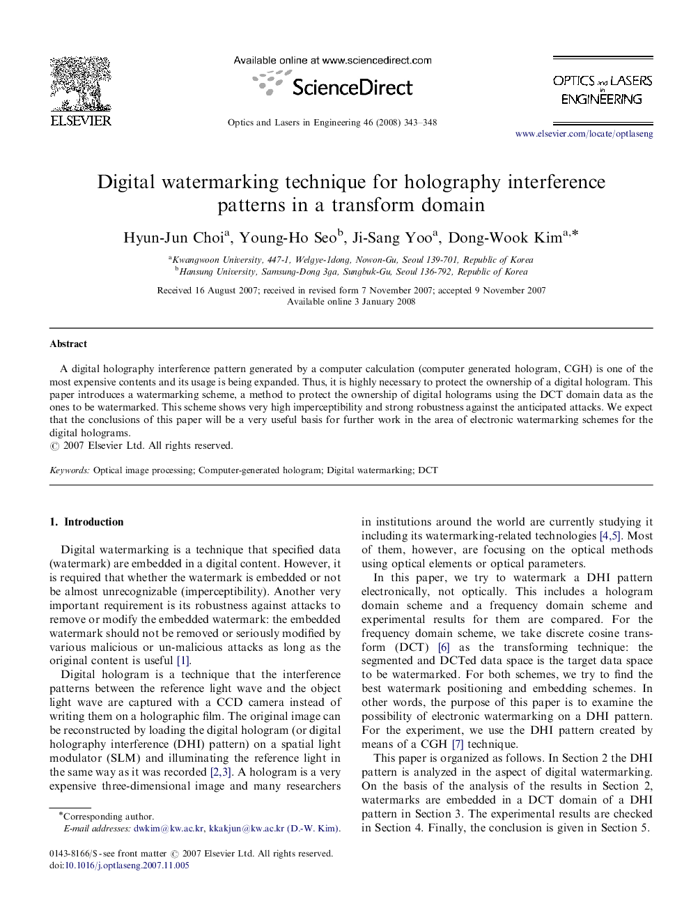 Digital watermarking technique for holography interference patterns in a transform domain