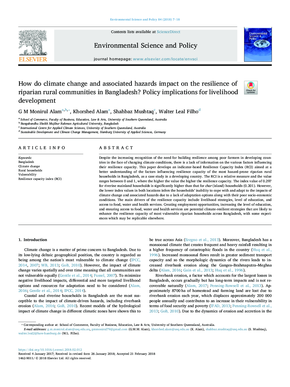 How do climate change and associated hazards impact on the resilience of riparian rural communities in Bangladesh? Policy implications for livelihood development