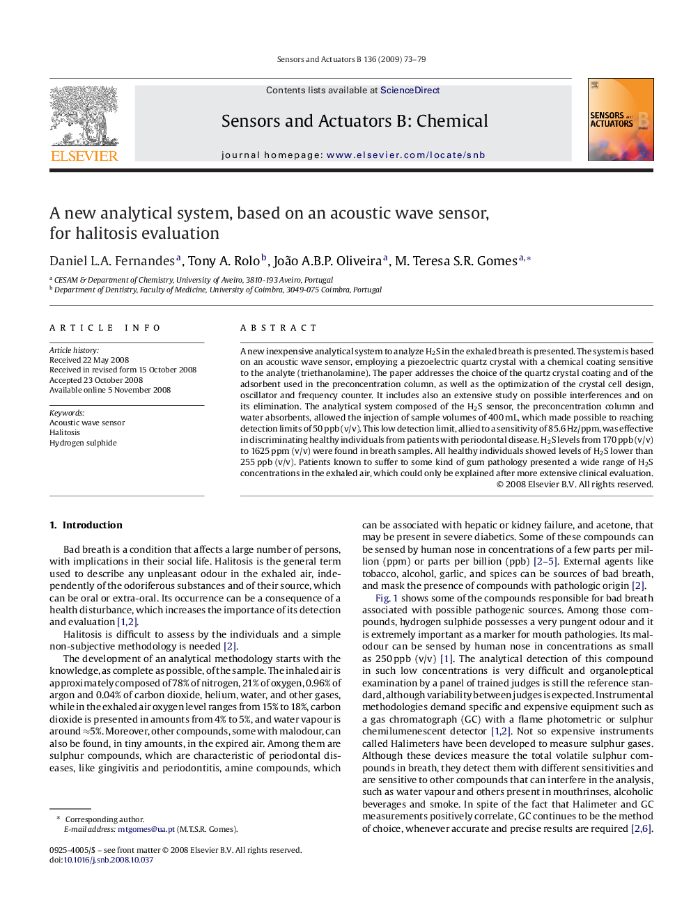 A new analytical system, based on an acoustic wave sensor, for halitosis evaluation