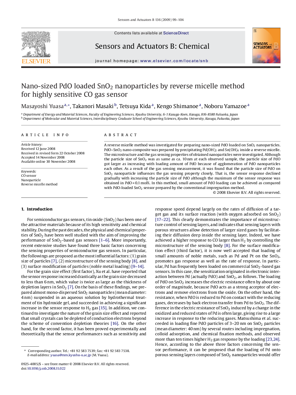 Nano-sized PdO loaded SnO2 nanoparticles by reverse micelle method for highly sensitive CO gas sensor