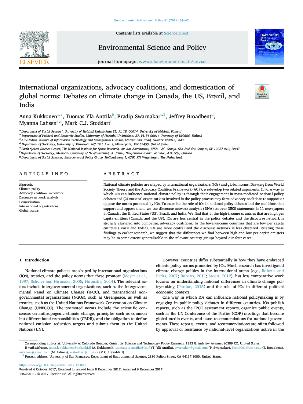 International organizations, advocacy coalitions, and domestication of global norms: Debates on climate change in Canada, the US, Brazil, and India