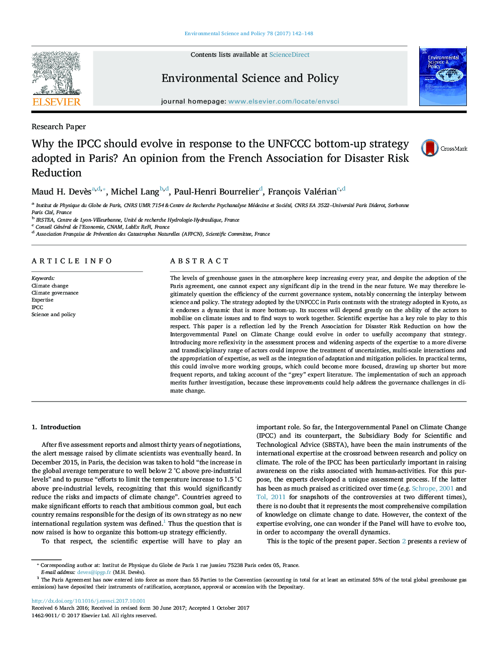 Why the IPCC should evolve in response to the UNFCCC bottom-up strategy adopted in Paris? An opinion from the French Association for Disaster Risk Reduction