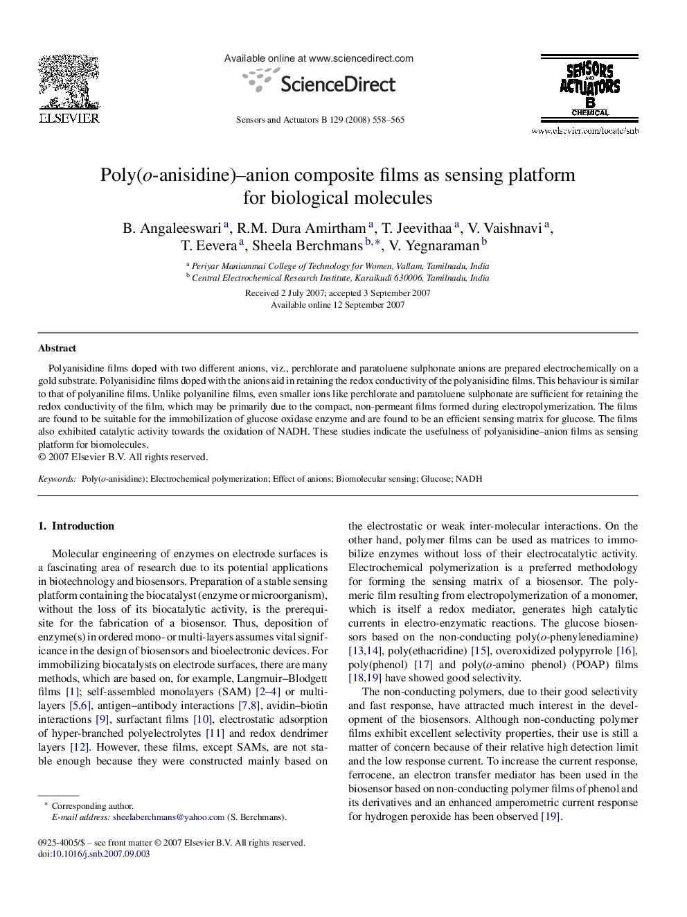 Poly(o-anisidine)–anion composite films as sensing platform for biological molecules