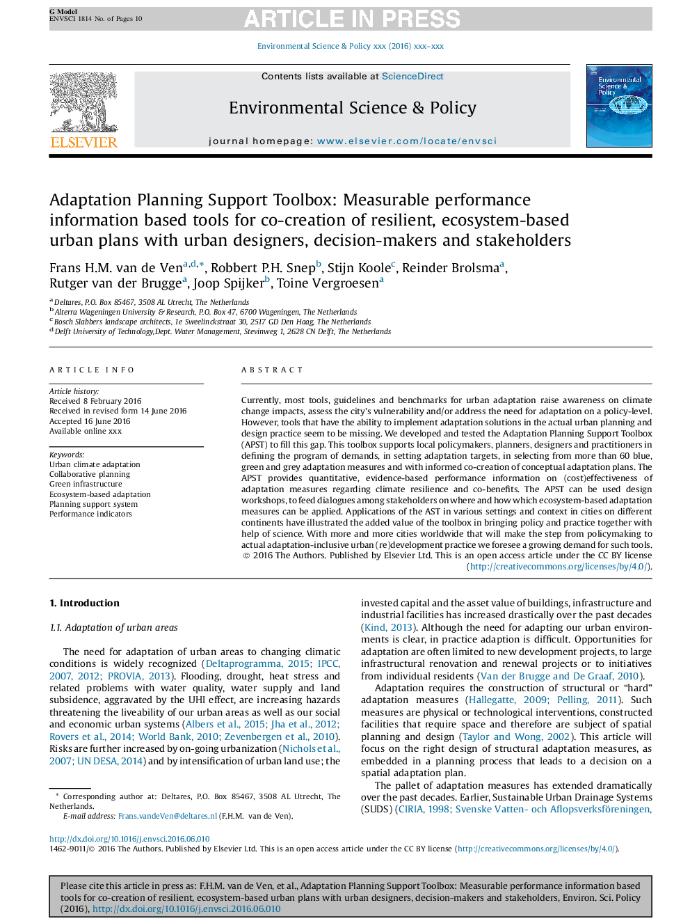 Adaptation Planning Support Toolbox: Measurable performance information based tools for co-creation of resilient, ecosystem-based urban plans with urban designers, decision-makers and stakeholders