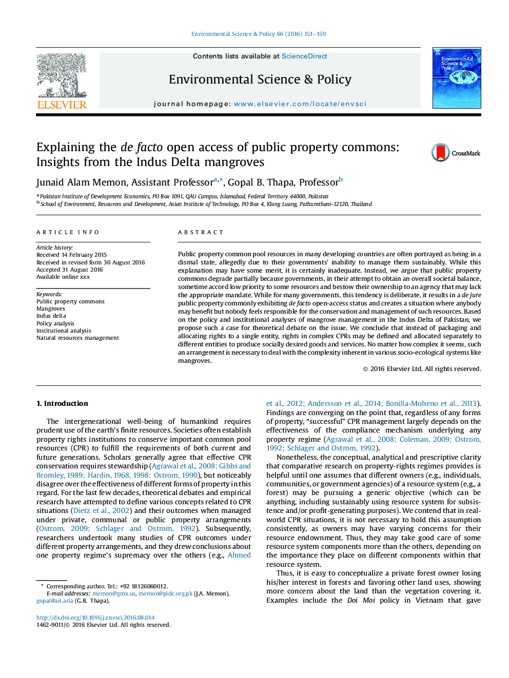 Explaining the de facto open access of public property commons: Insights from the Indus Delta mangroves