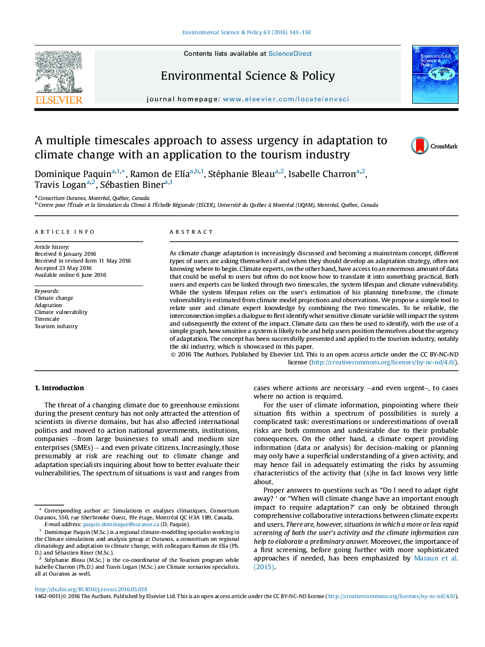 A multiple timescales approach to assess urgency in adaptation to climate change with an application to the tourism industry