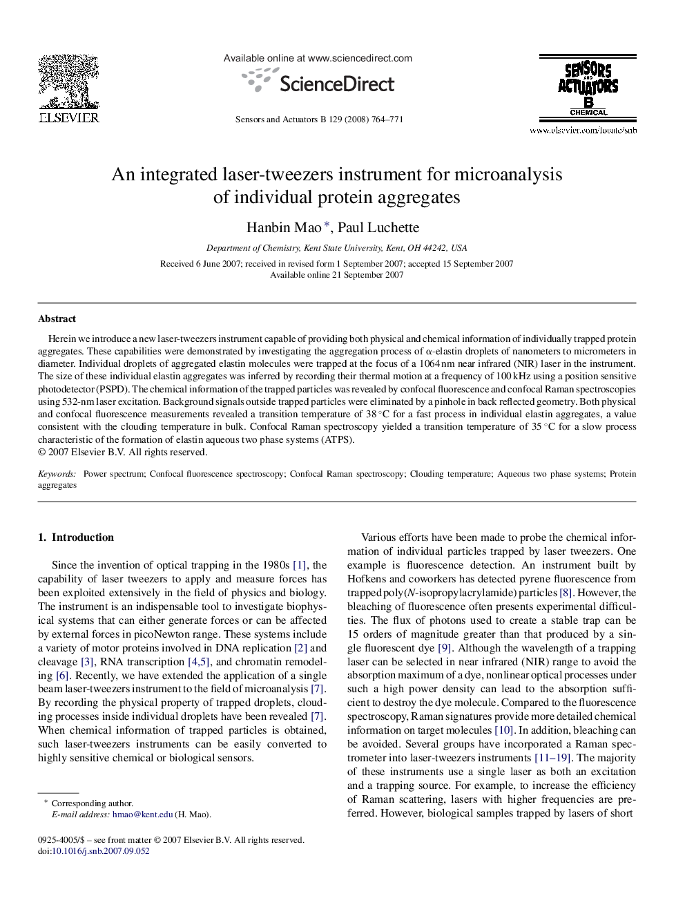 An integrated laser-tweezers instrument for microanalysis of individual protein aggregates