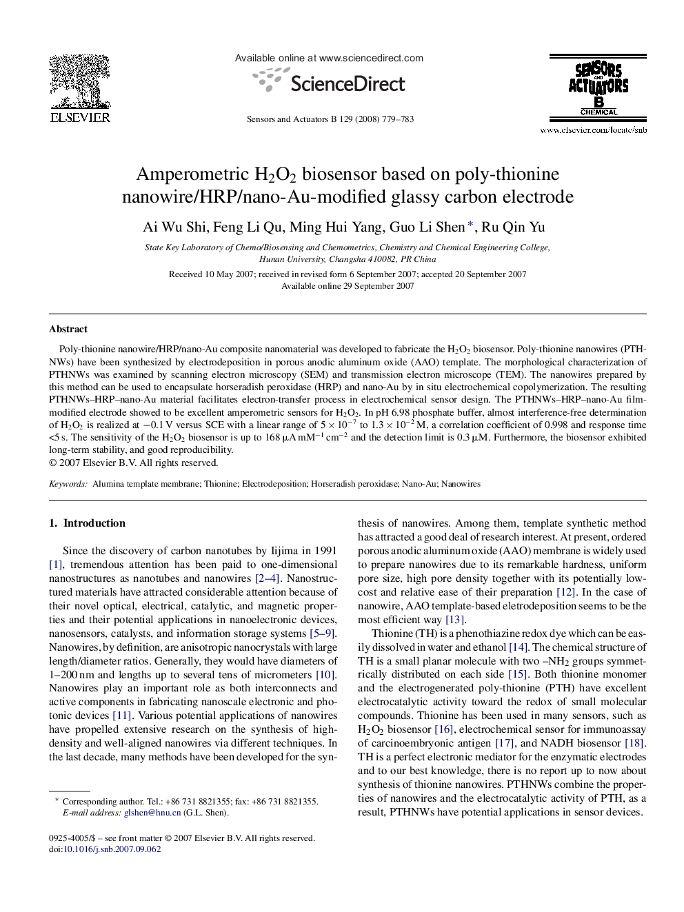 Amperometric H2O2 biosensor based on poly-thionine nanowire/HRP/nano-Au-modified glassy carbon electrode