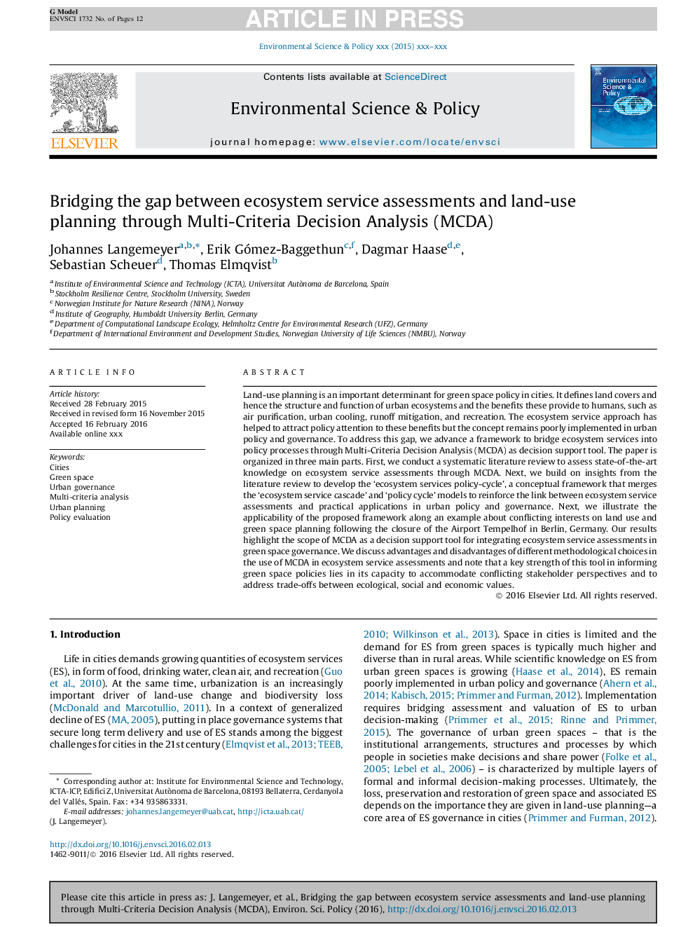 Bridging the gap between ecosystem service assessments and land-use planning through Multi-Criteria Decision Analysis (MCDA)