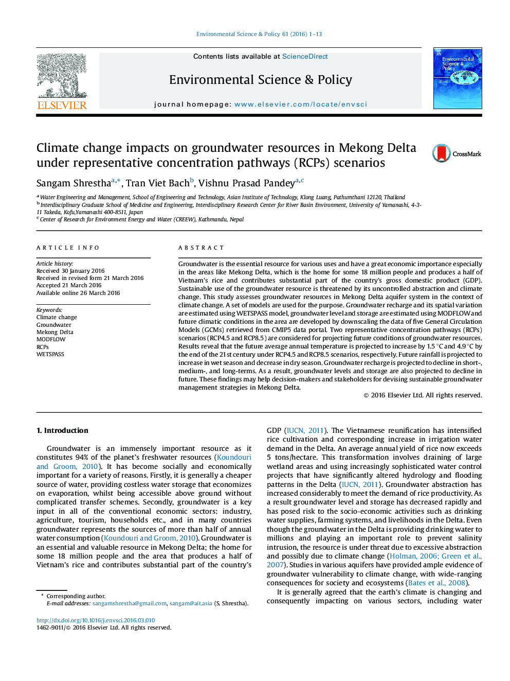 Climate change impacts on groundwater resources in Mekong Delta under representative concentration pathways (RCPs) scenarios