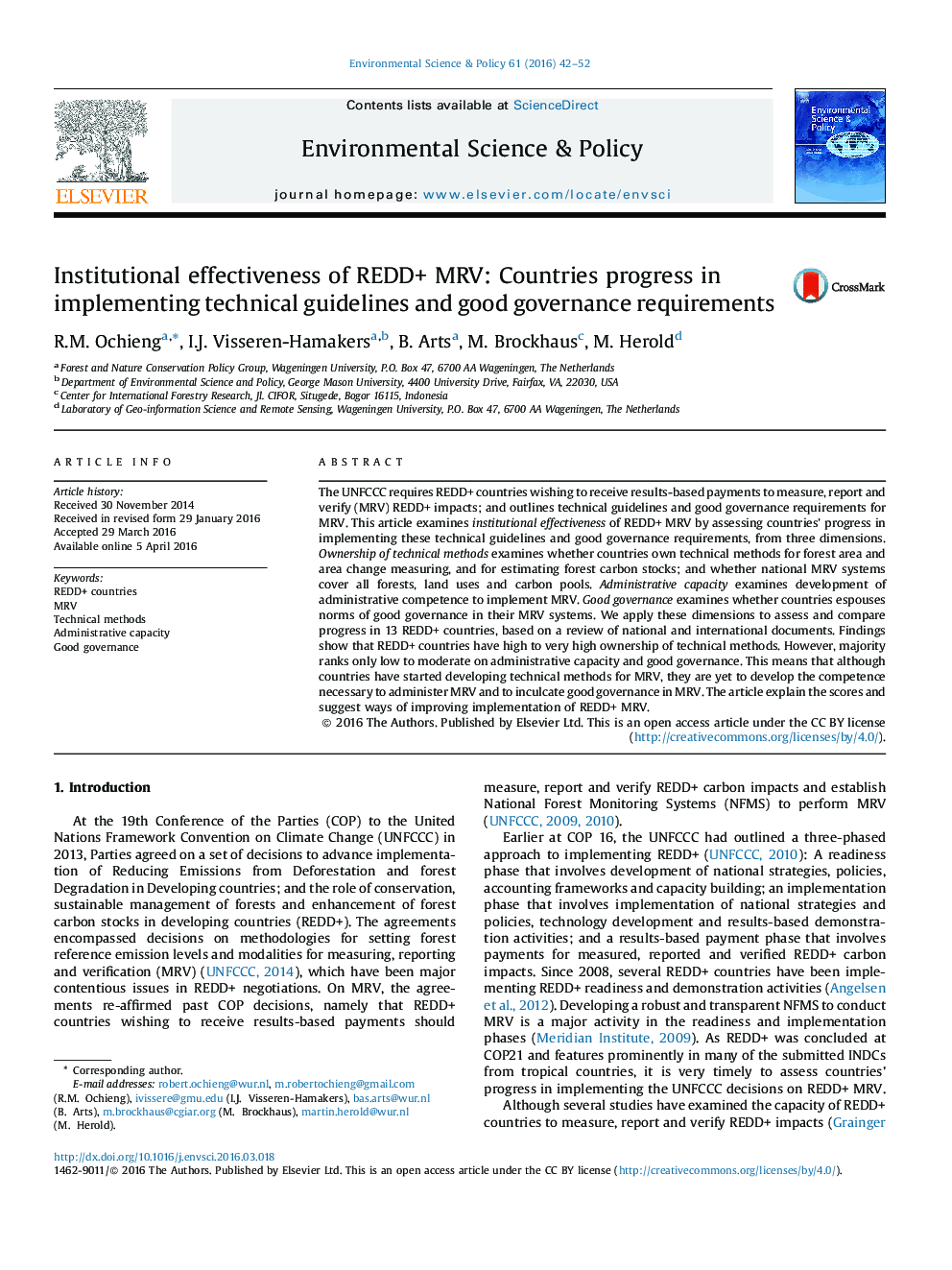 Institutional effectiveness of REDD+ MRV: Countries progress in implementing technical guidelines and good governance requirements