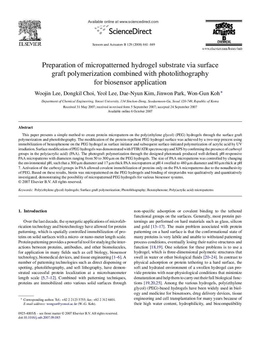 Preparation of micropatterned hydrogel substrate via surface graft polymerization combined with photolithography for biosensor application