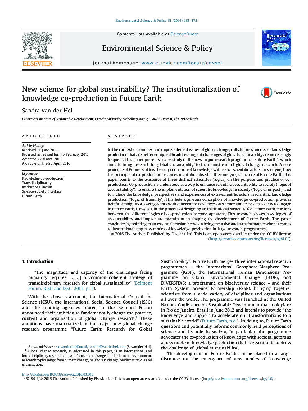 New science for global sustainability? The institutionalisation of knowledge co-production in Future Earth