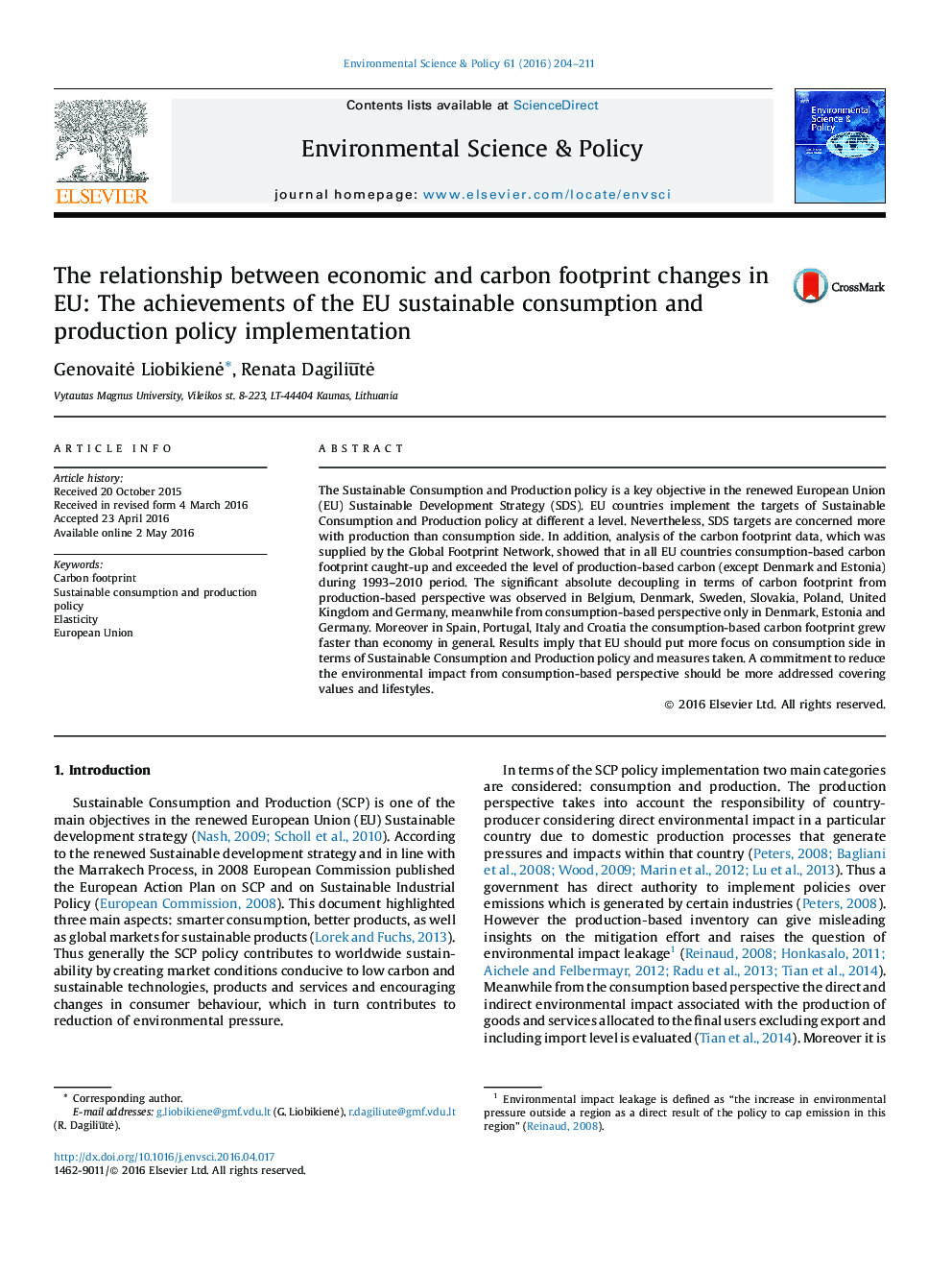 The relationship between economic and carbon footprint changes in EU: The achievements of the EU sustainable consumption and production policy implementation