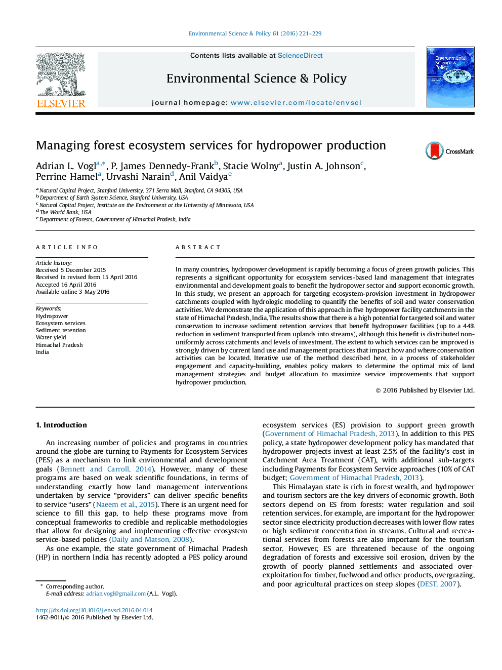 Managing forest ecosystem services for hydropower production