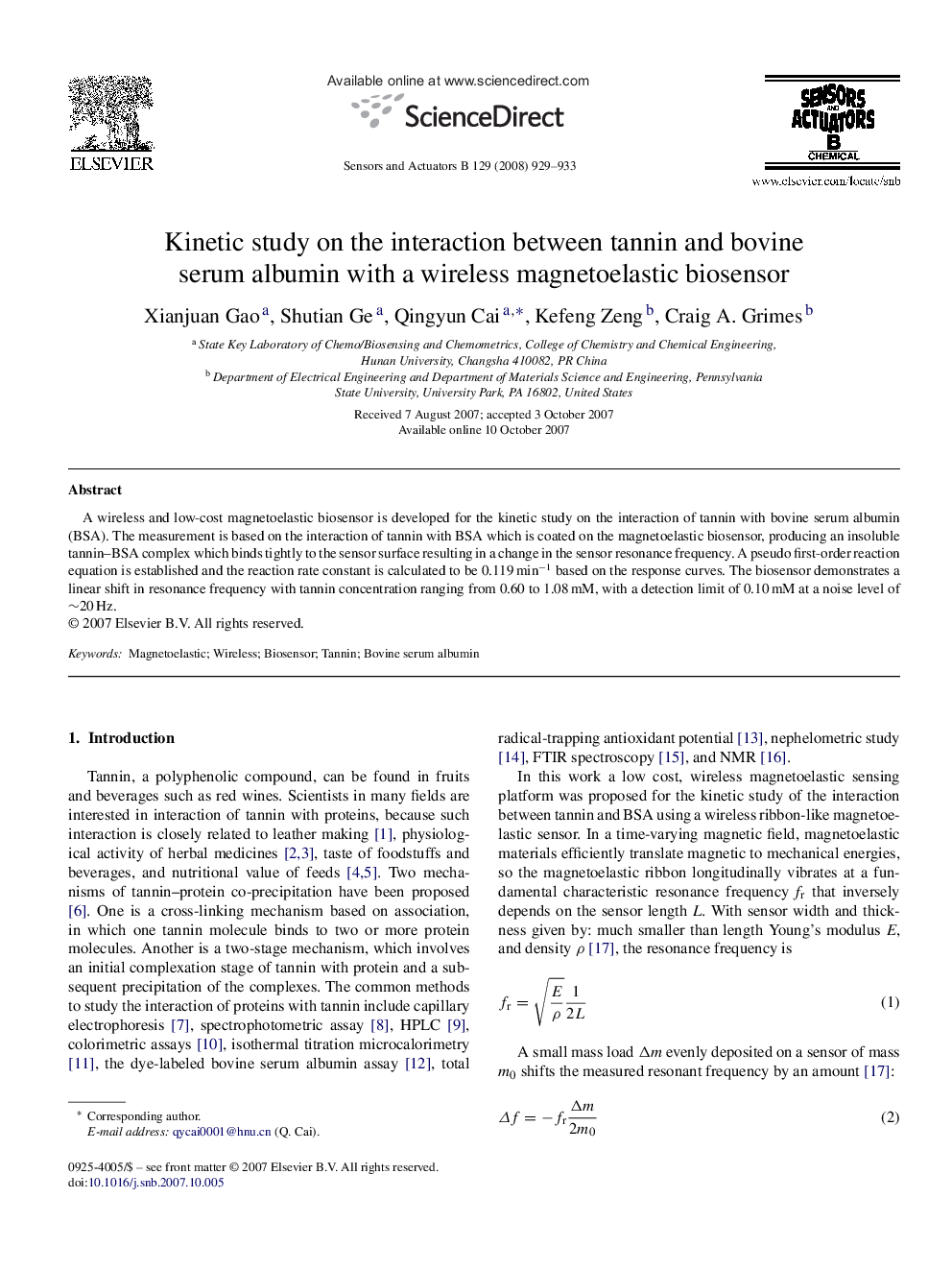 Kinetic study on the interaction between tannin and bovine serum albumin with a wireless magnetoelastic biosensor