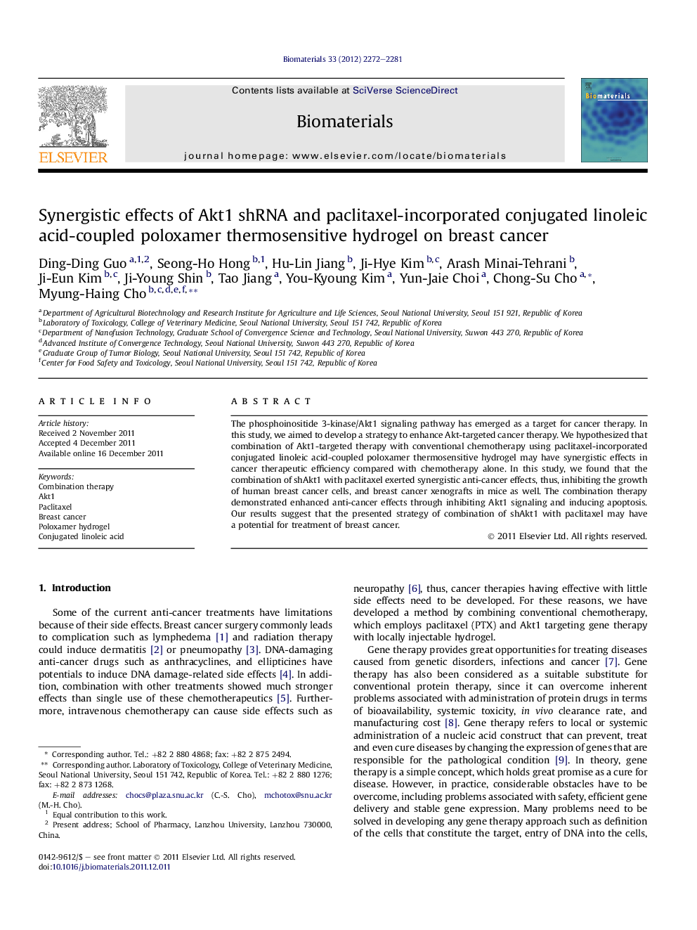 Synergistic effects of Akt1 shRNA and paclitaxel-incorporated conjugated linoleic acid-coupled poloxamer thermosensitive hydrogel on breast cancer