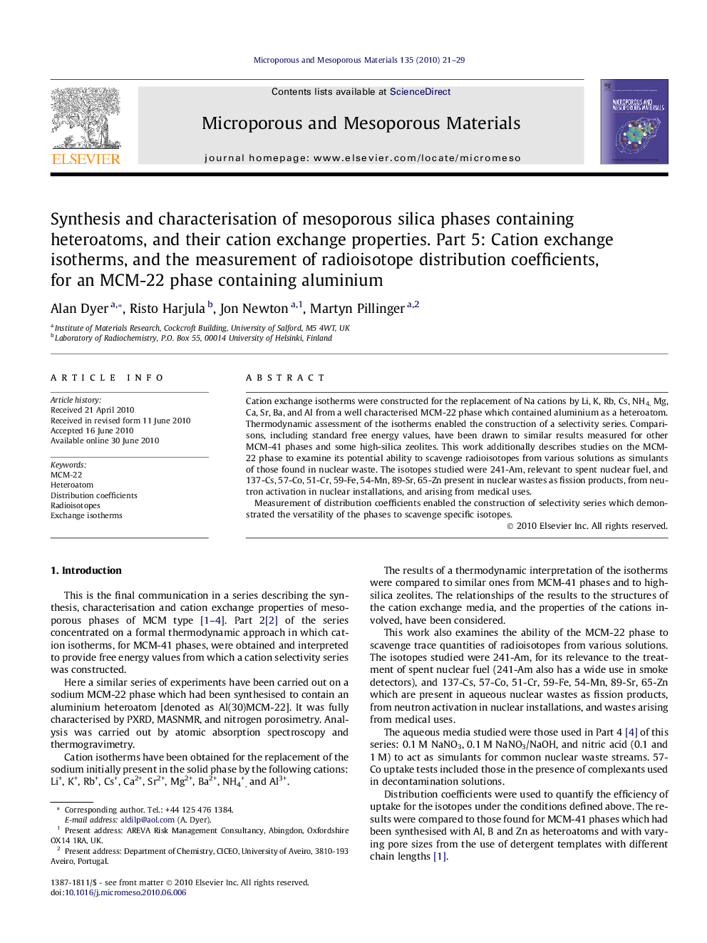 Synthesis and characterisation of mesoporous silica phases containing heteroatoms, and their cation exchange properties. Part 5: Cation exchange isotherms, and the measurement of radioisotope distribution coefficients, for an MCM-22 phase containing alumi