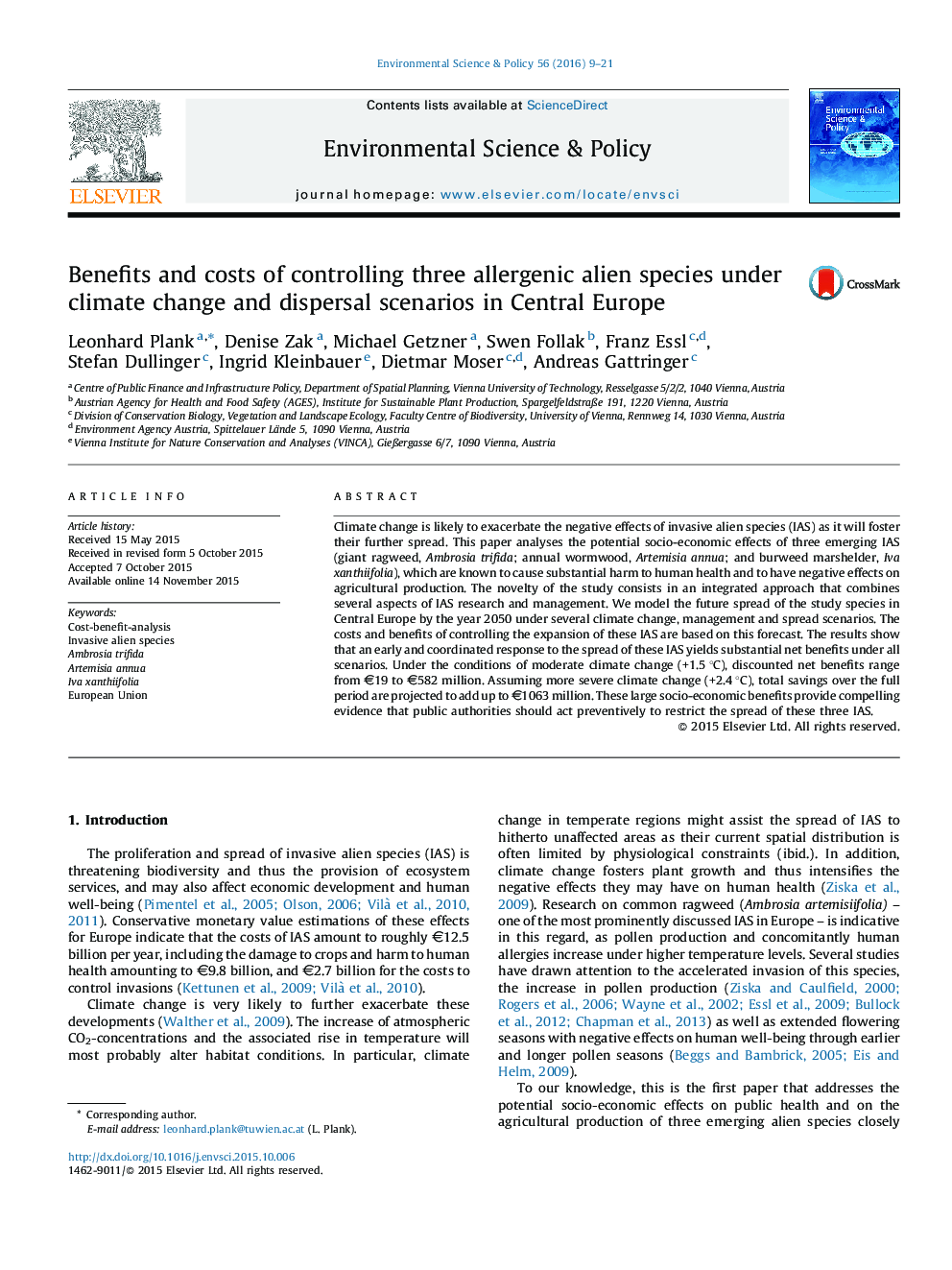 Benefits and costs of controlling three allergenic alien species under climate change and dispersal scenarios in Central Europe