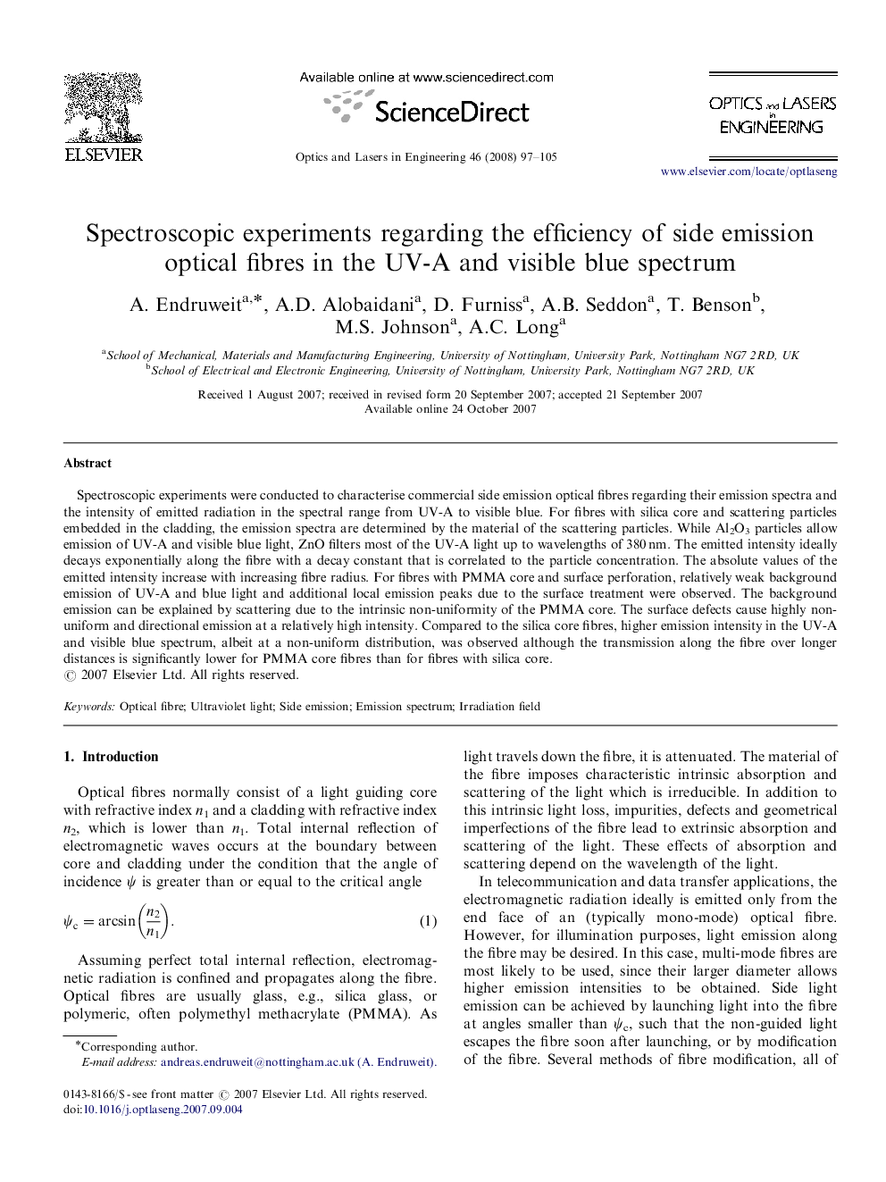 Spectroscopic experiments regarding the efficiency of side emission optical fibres in the UV-A and visible blue spectrum