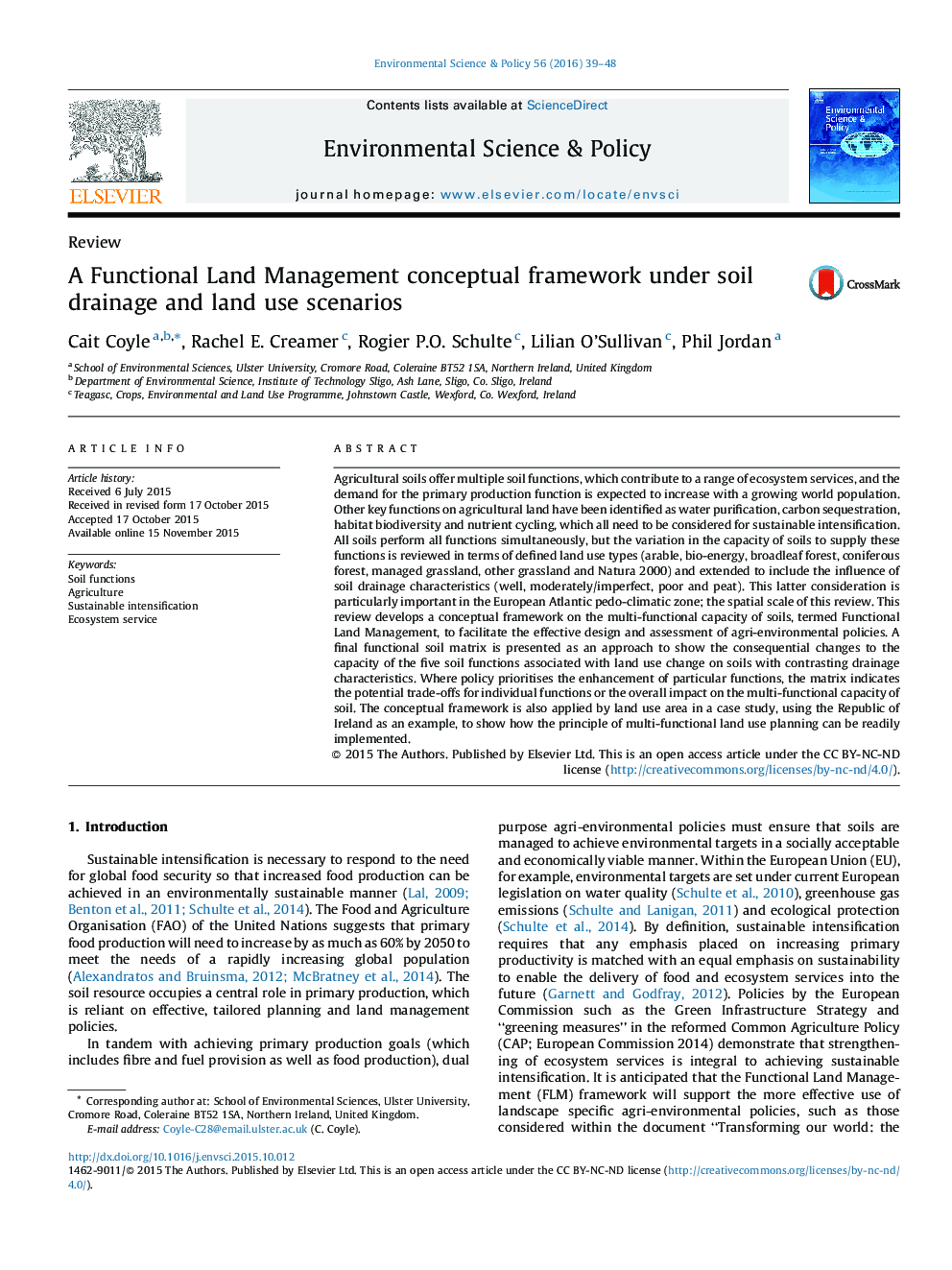 A Functional Land Management conceptual framework under soil drainage and land use scenarios