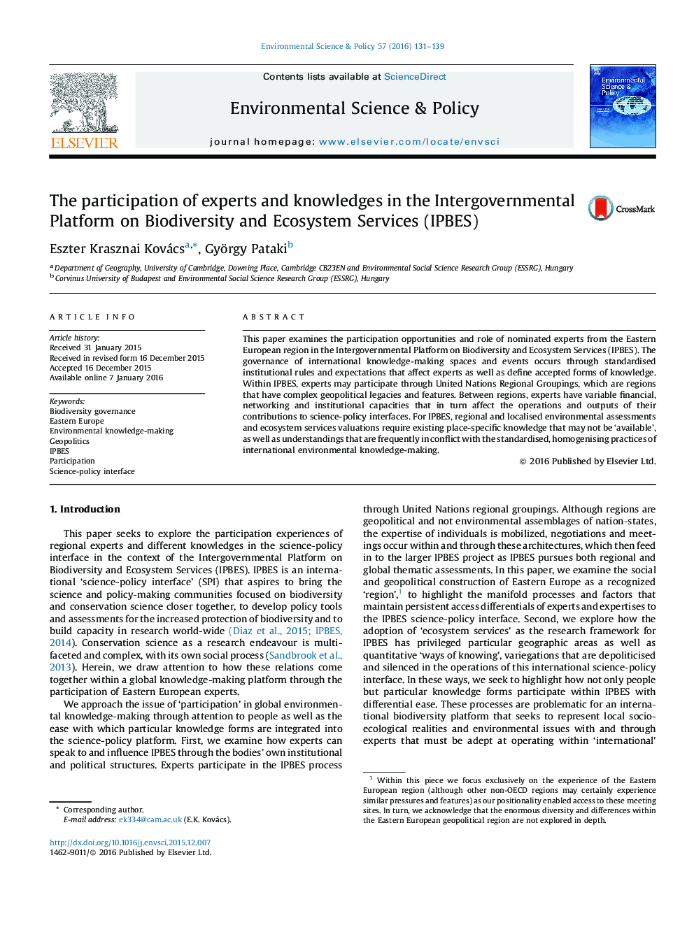 The participation of experts and knowledges in the Intergovernmental Platform on Biodiversity and Ecosystem Services (IPBES)