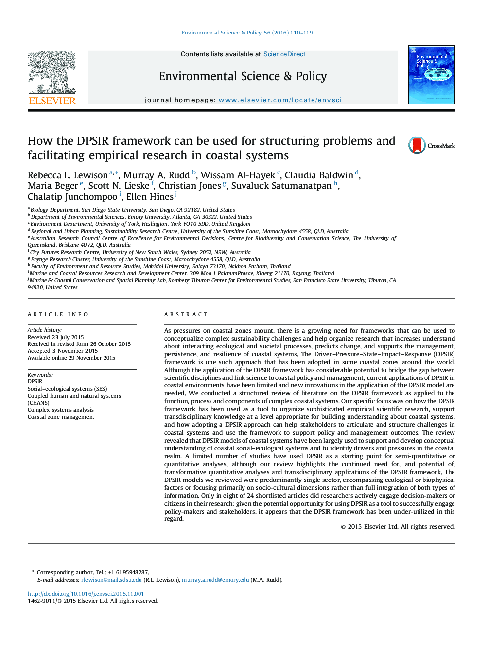 How the DPSIR framework can be used for structuring problems and facilitating empirical research in coastal systems