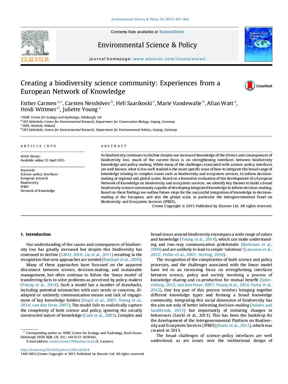 Creating a biodiversity science community: Experiences from a European Network of Knowledge