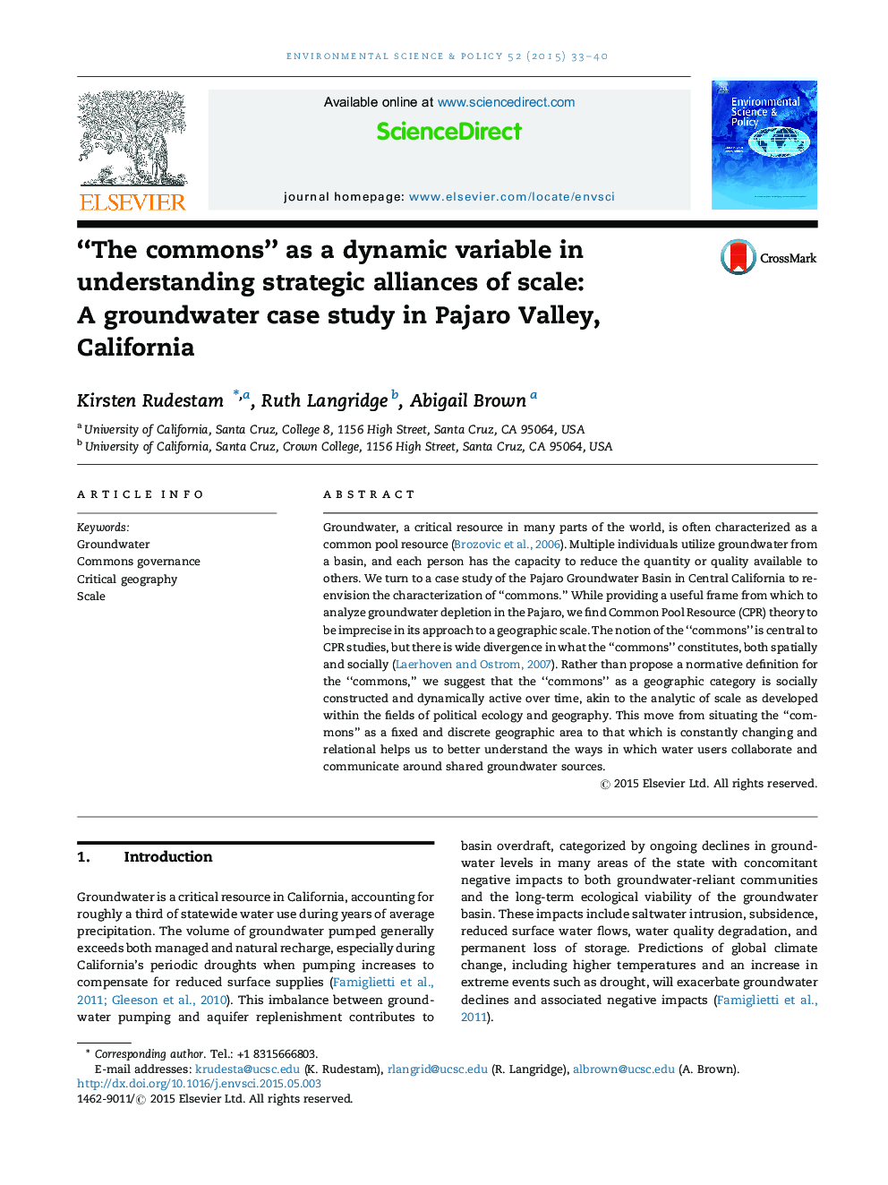 “The commons” as a dynamic variable in understanding strategic alliances of scale: A groundwater case study in Pajaro Valley, California