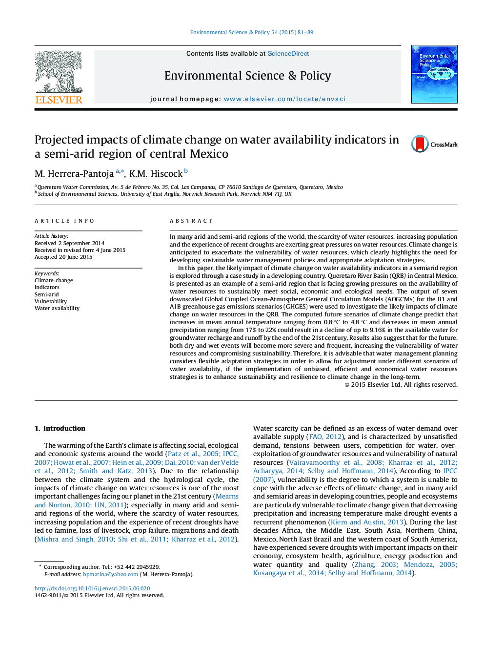 Projected impacts of climate change on water availability indicators in a semi-arid region of central Mexico