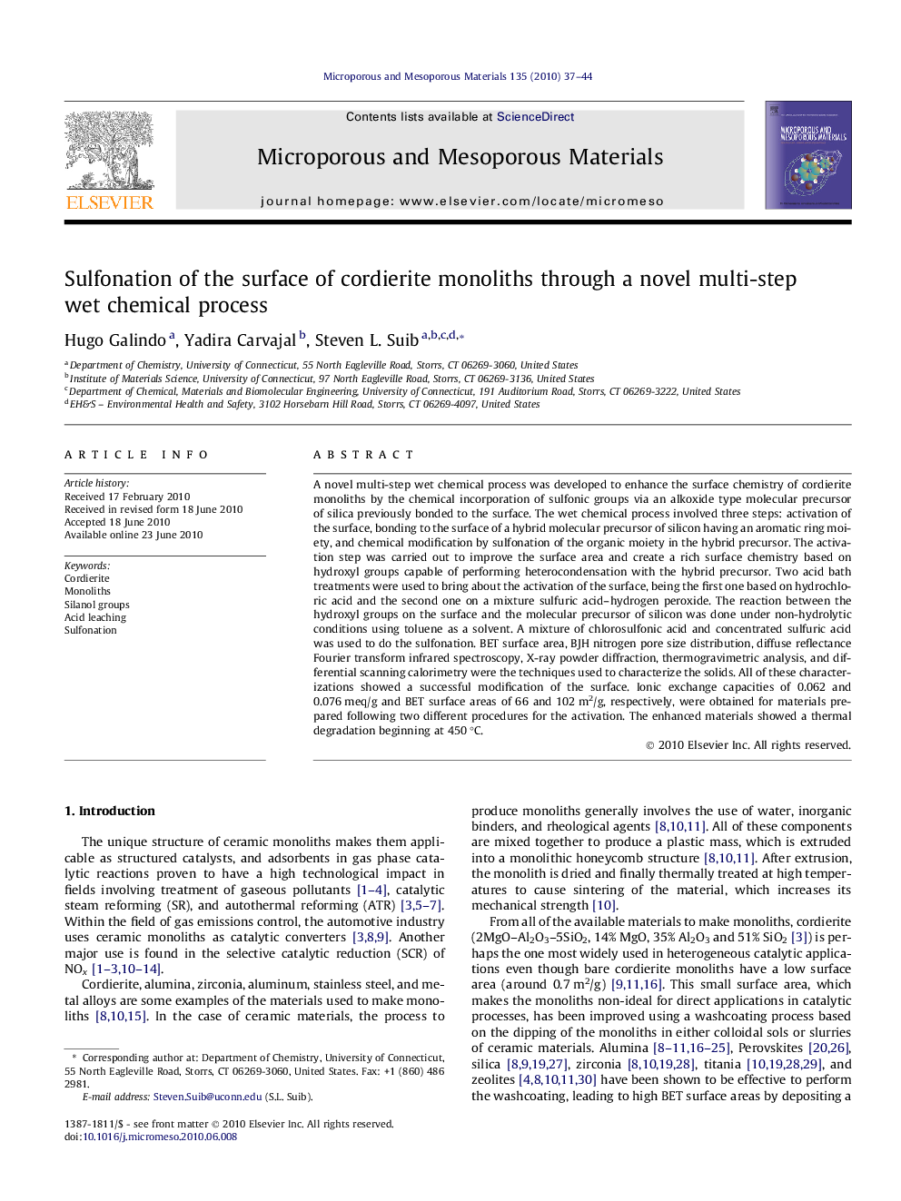 Sulfonation of the surface of cordierite monoliths through a novel multi-step wet chemical process