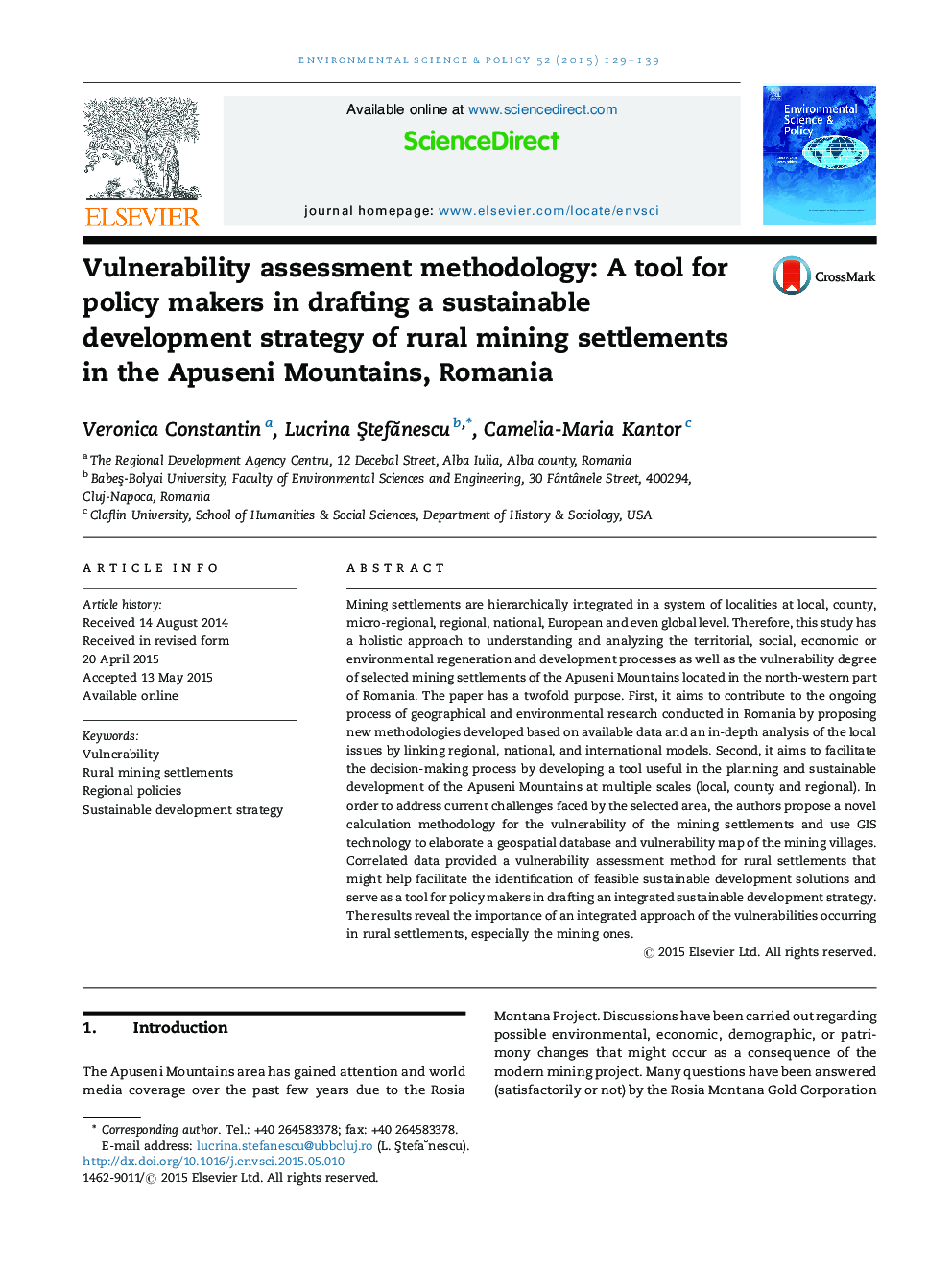 Vulnerability assessment methodology: A tool for policy makers in drafting a sustainable development strategy of rural mining settlements in the Apuseni Mountains, Romania