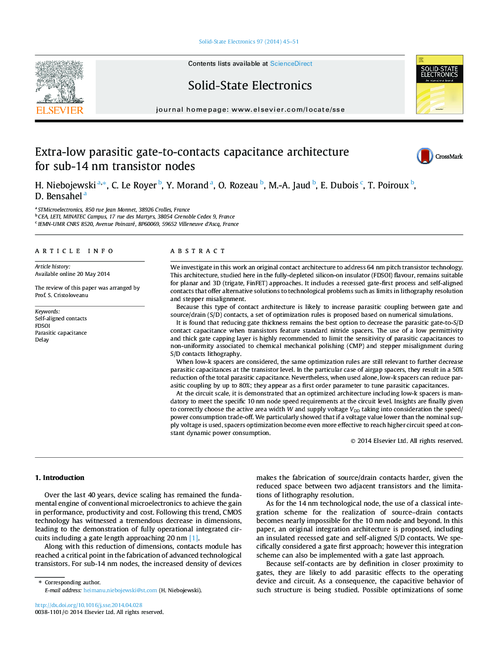 Extra-low parasitic gate-to-contacts capacitance architecture for sub-14 nm transistor nodes