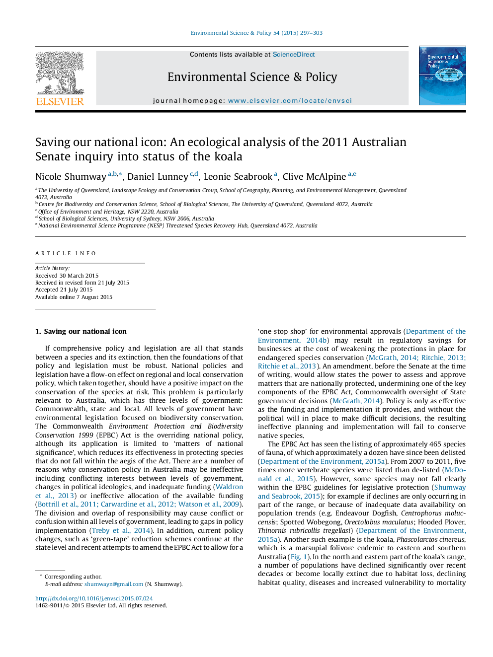 صرفه جویی در آیکون ملی ما: تجزیه و تحلیل اکولوژیک از سنا استرالیا 2011 بررسی وضعیت کوالا 
