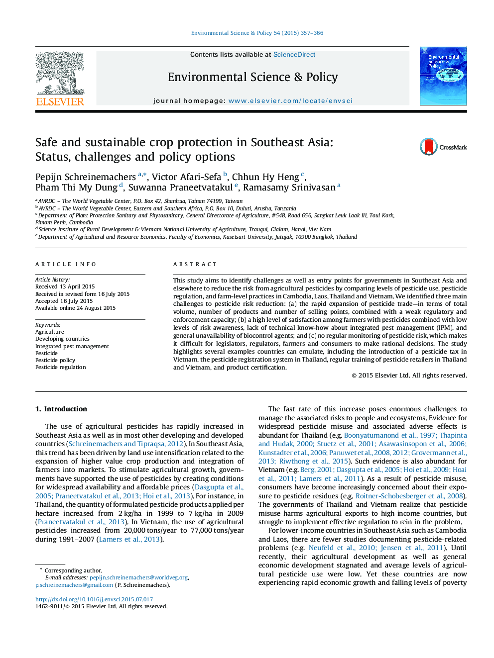 Safe and sustainable crop protection in Southeast Asia: Status, challenges and policy options