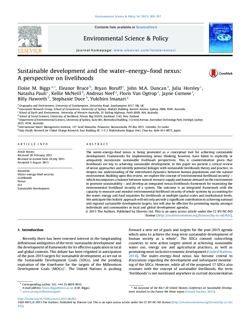 Sustainable development and the water-energy-food nexus: A perspective on livelihoods