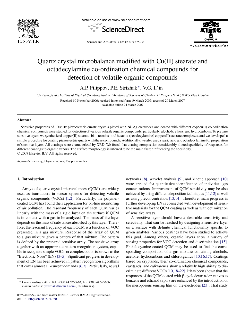 Quartz crystal microbalance modified with Cu(II) stearate and octadecylamine co-ordination chemical compounds for detection of volatile organic compounds