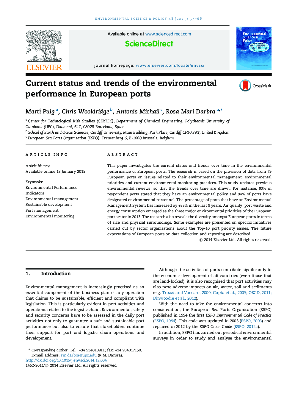 Current status and trends of the environmental performance in European ports